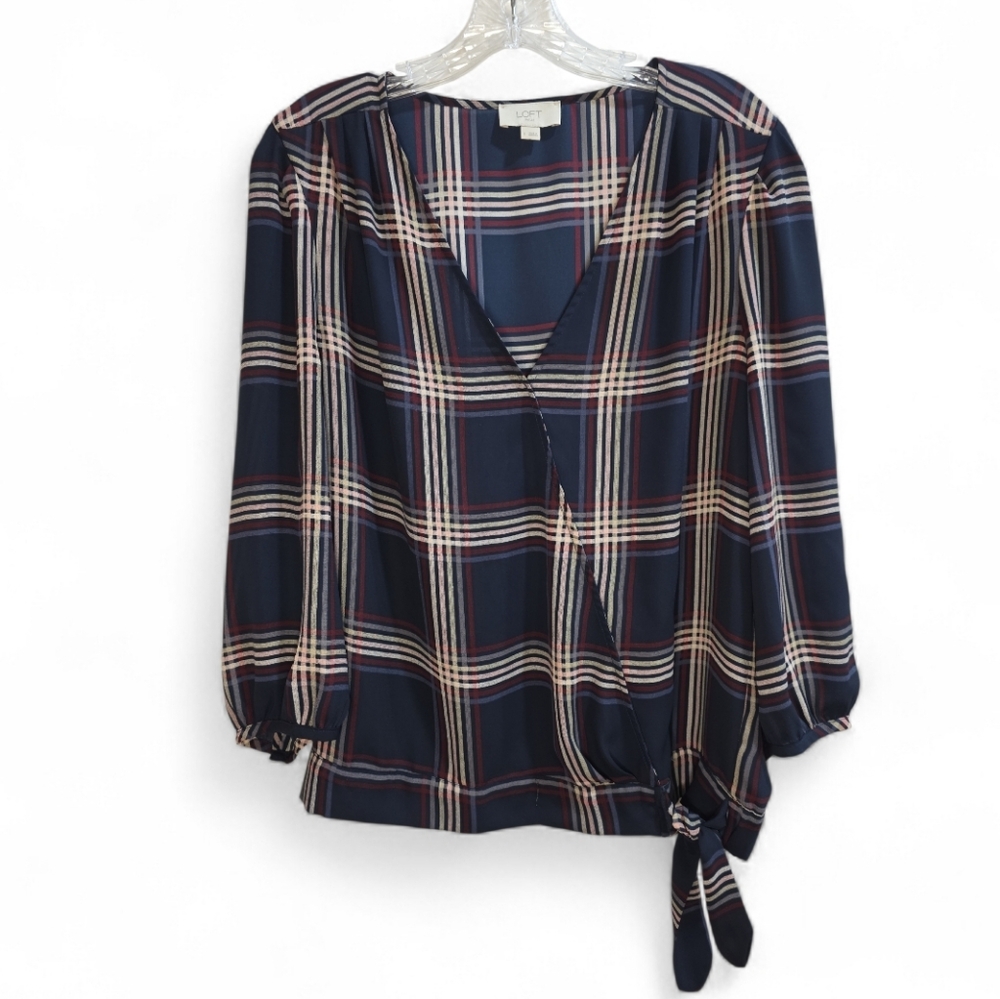 Loft Blouse Top Large Faux Wrap Side Bow Blue Red Plaid Nova Check 3/4 Sleeve